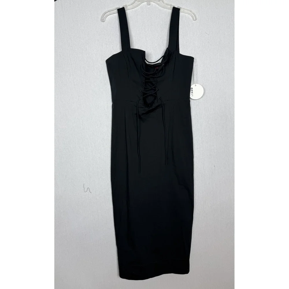 STAUD Sutton Lace Up Black‎ Midi Dress Size 10 New - Picture 3 of 14